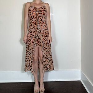 J.O.A. Animal Print Ruched Front Orange Black Print High Low Dress Size Small